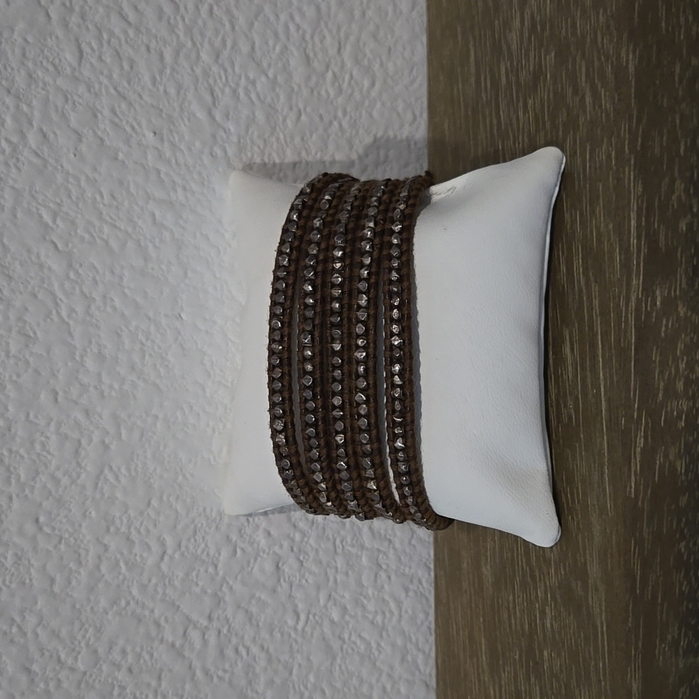 Chan Luu Brown Leather 32 Inch 5 Wrap Bracelet with Metallic Beads NWT